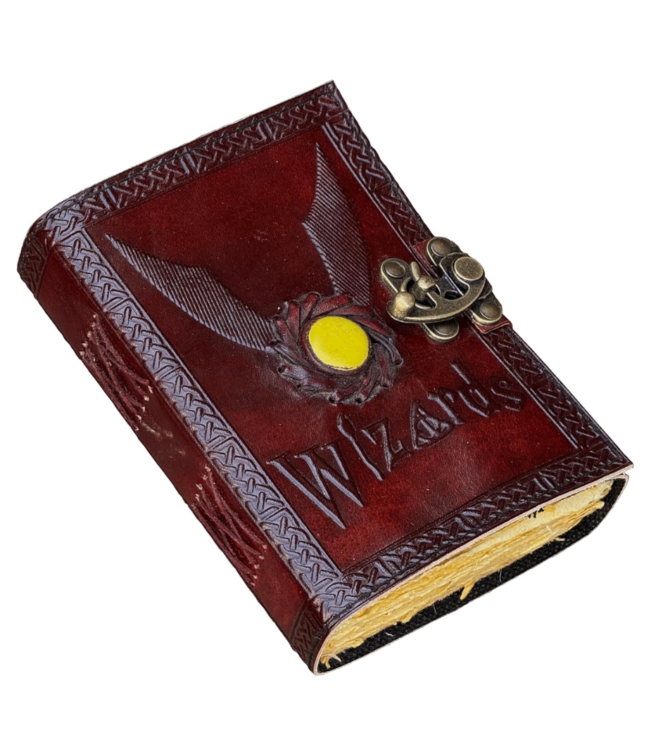 Wizards Leather Journal With Yellow Semi-Precious Stone and FlyingKey Embedded Backside - Vintage Leather Journal - Book of Shadows - Blank Spell Book - Grimoire Wiccan Supplies Witchcraft Antique Gifts
